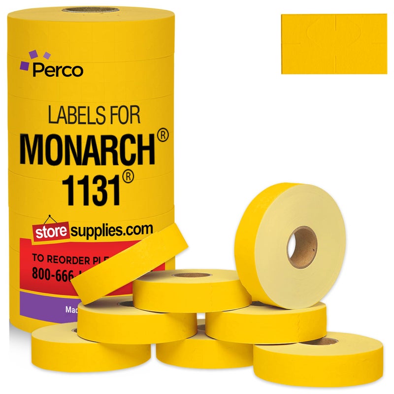 Perco Yellow Pricing Labels for Monarch 1131 Price Gun - 1 Sleeve, 8 Rolls, 20,000 Price Marking Labels - with Ink Roll Included - Image 1